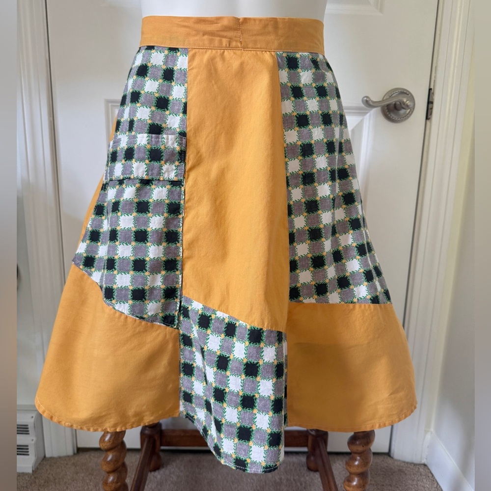 Handmade Vintage Yellow and Checkered A-Line Waist Half Apron with Pocket